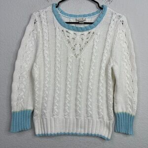 Tyler‎ Böe Sweater Womens Large White Blue Chunky Cable Knit Fisherman Preppy